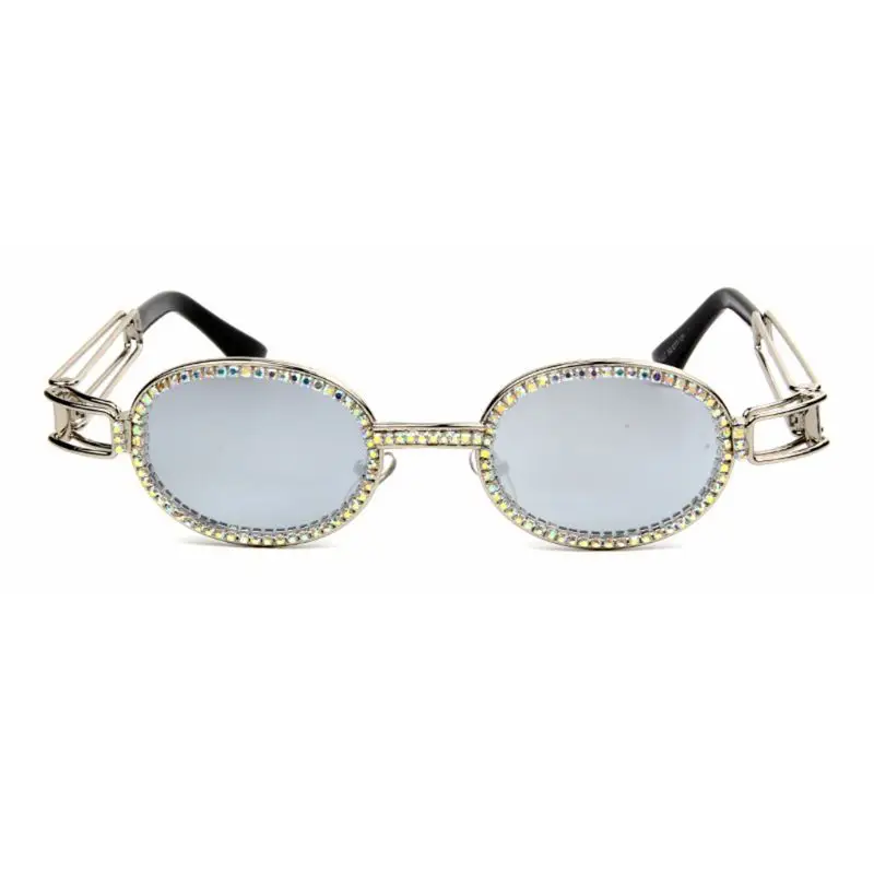 Unisex Vintage Flat Frame Sunglasses Small Oval Hand Point Rhinestones Fashion Steampunk Colorful Glasses