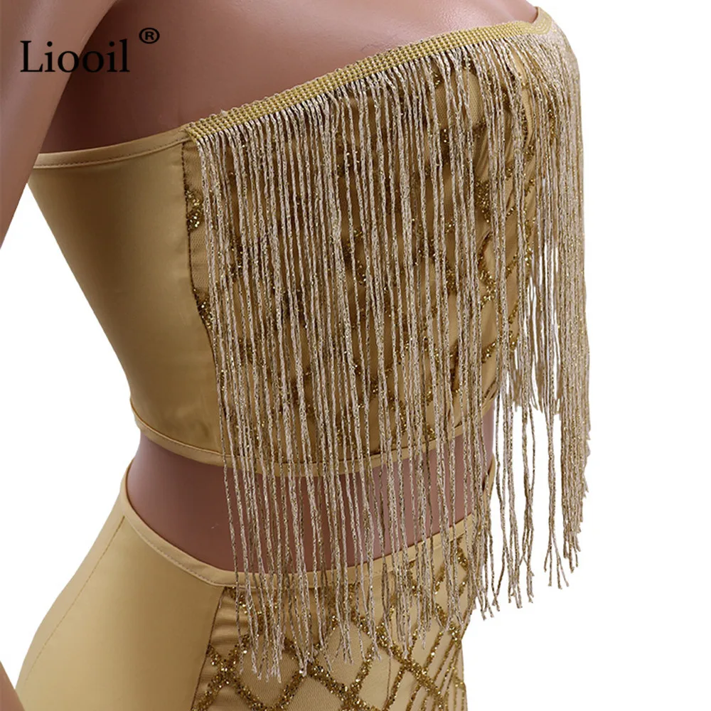 Liooil Золото из двух частей наряды комплект кисточкой Bodycon мини платье Сексуальная Клубная одежда без рукавов без бретелек узкие платья женские Вечерние