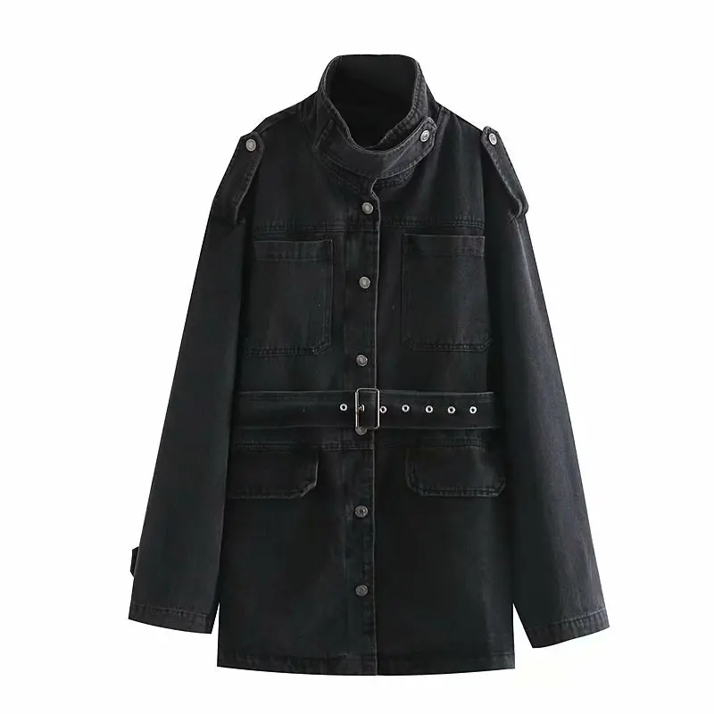 Pockets Denim Jackets Women Fashion Tie Belt Waist Coats Women Elegant Turn Down Collar Buttons Jeans Jackets Female Ladies
