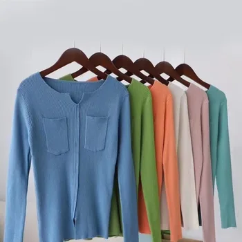 

Korean Style Pockets Solid Color Sweater Sexy Slim V-neck Long-sleeved Women Autumn Knitted Pullover