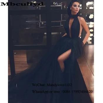 

Mbcullyd High Neck Black Prom Dresses Long Sexy Side Split Formal Dress Evening Gown With Pocket vestidos de fiesta largos