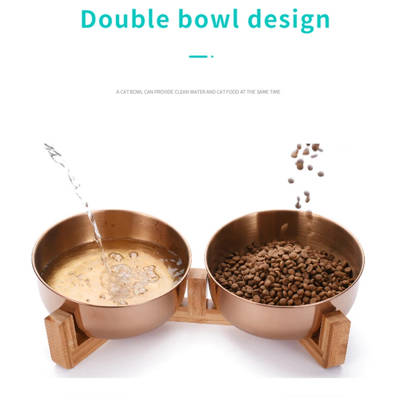 Stainless Steel Cat Dog Bowl with Wood Stand Pet Food and Water Dish Bowl for Cat Dogs Food Feeding Feeder Puppy Feeder Supplies