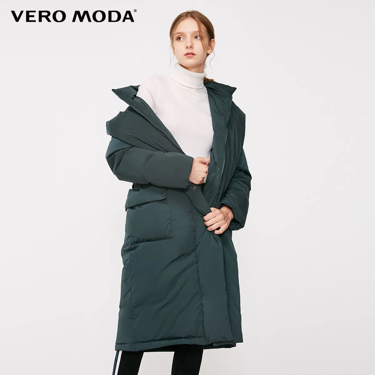 Vero Moda пуховик женский женский двойной воротник с капюшоном Свободный шнурок длинный пуховик | 318412504 - Цвет: Spruce green