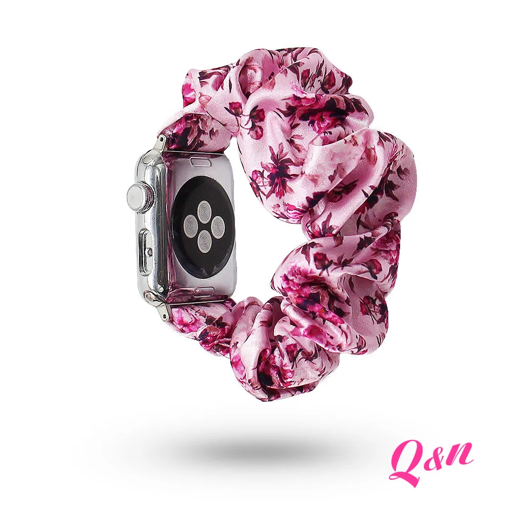 

Summer Pink flower print shinny satin Apple Watch Scrunchie band for girls Elastic Scrunchie Watch Band 38/40mm 42/44m