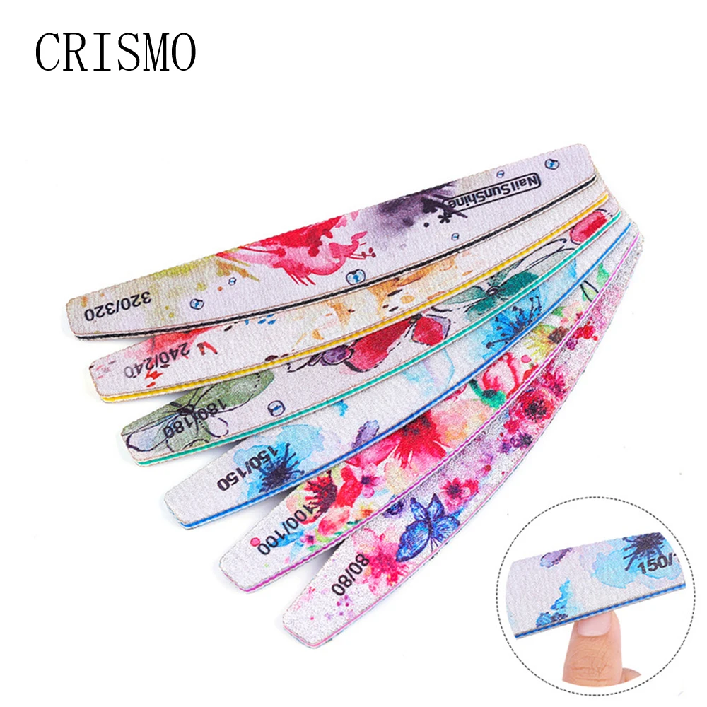 

CRISMO Colored 6pcs/lot Nail File Half Moon Plastic Core Nails Sanding Manicure Buffer Block Set Nail Art Files For Polish