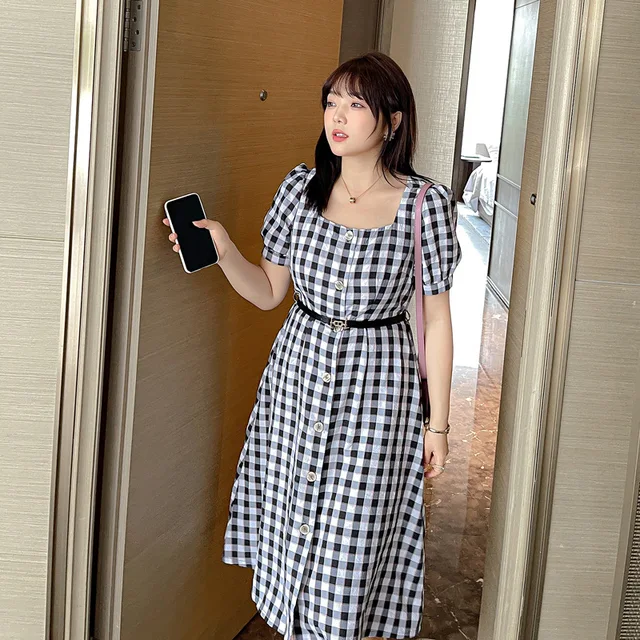 Women's Summer Square Neck Buttoned Plaid Belt Dress Plus Size Calf Length Casual  Dress 100 Kgs Can Be Worn - Dresses - AliExpress