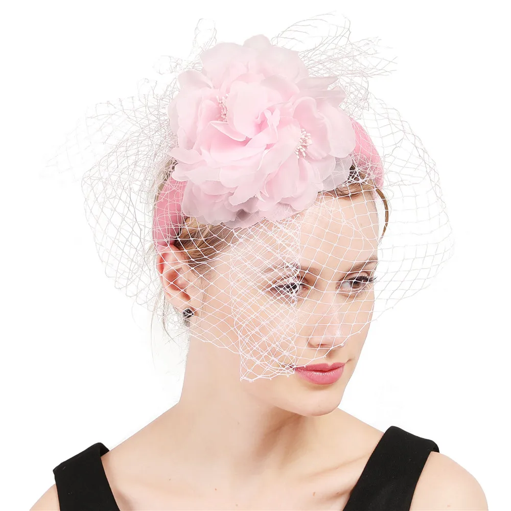 

New pink women fascinators headbadns floral millinery hair accessories elegant ladies bridal married mesh veils headwear race