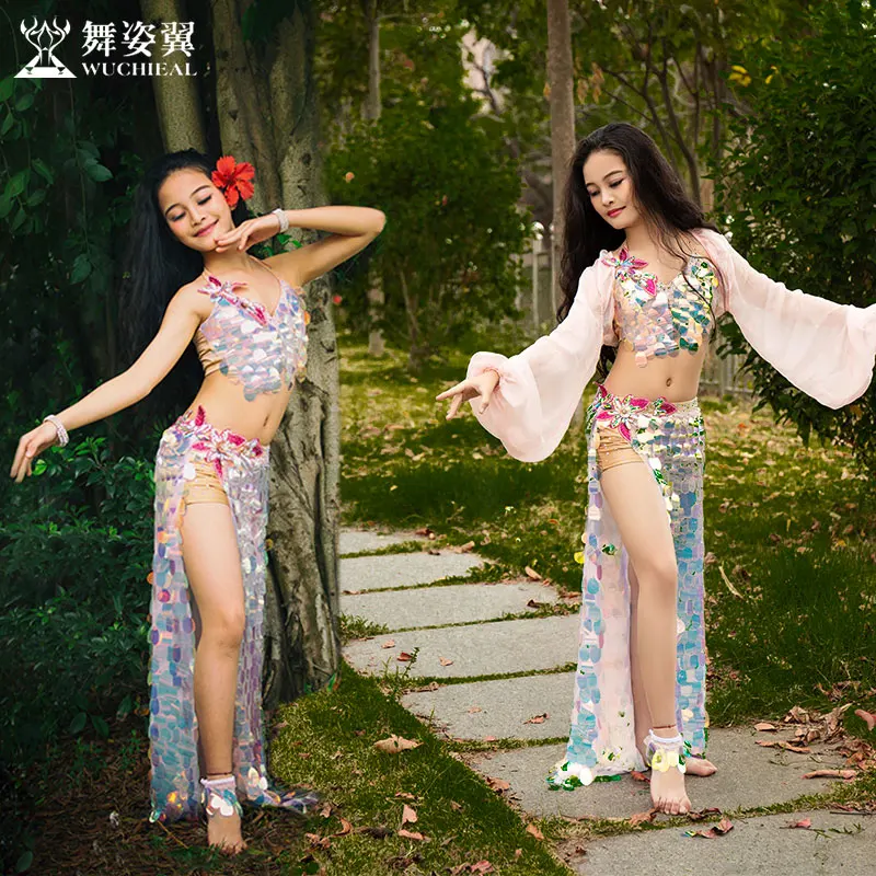 Новые Детские живот костюм для танцев новое платье с блестками, костюм с длинный юбкой восточных танцев в цветочек для маленьких девочек RT353