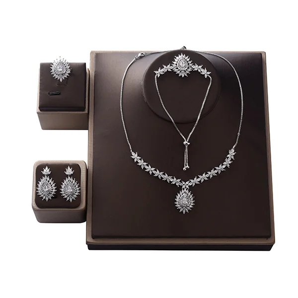 white gold Колье, ювелирный набор HADIYANA, элегантные женские свадебные трендовые вечерние ожерелья с цирконием, серьги, кольцо и браслет, набор CNY0082 Bisuteria - Окраска металла: white gold