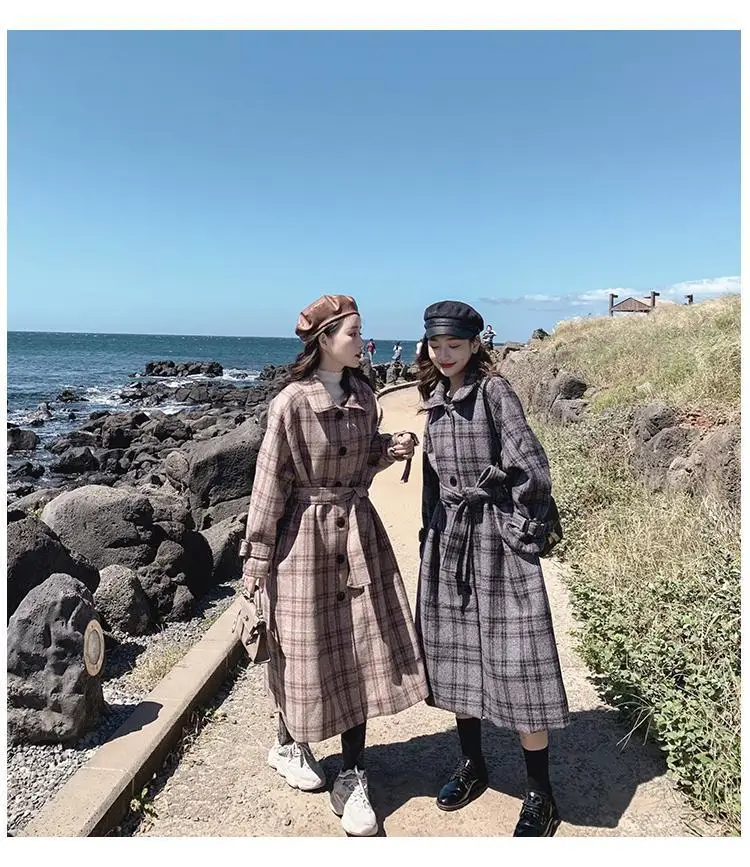 Шерстяное пальто в клетку для фотосессии, женское, средней длины, зима, стиль, корейский стиль, свободный крой, талия, на шнуровке, шерстяное