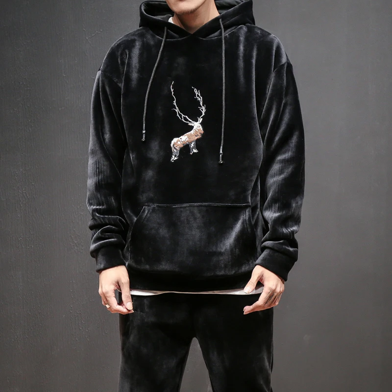 Embroidery Plus Velvet Mens Track Suit Set Japanese Long Sleeve Soft Solid Pullover Hoodies+pants Casual Outwear Track Suits Embroidery Plus Velvet Mens Track Suit Set Japanese Long Sleeve Soft Solid Pullover Hoodies+pants Casual Outwear Track Suits