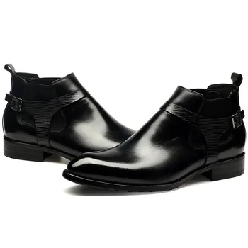 

New Hot Sale Winter Fashion Mens Low Heel Slip On Pointed Toe Motorcycle Biker Male Cow Genuine Leather Ankle Boots Shoes