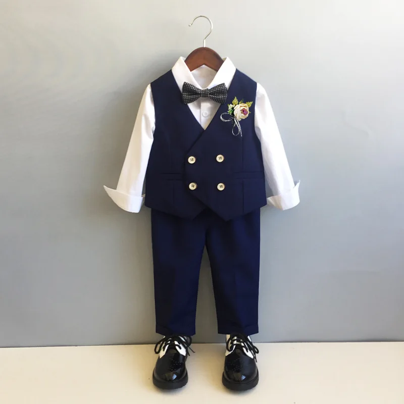 Boys Formal Double Breasted Dress Suits Set Spring Autumn British Children Birthday Party Performance Costume Kids Vest Pants