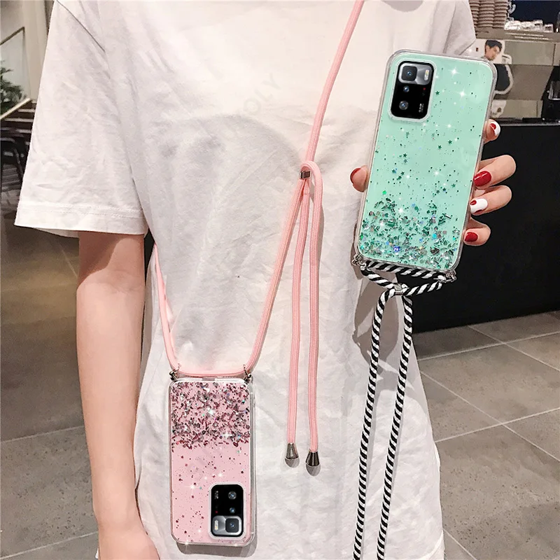 Clear Glitter Lanyard Case Redmi Note 10 Pro Case With Neck Strap Rope Mi 11 Lite 5G NE Mi 11T Pro Poco X3 NFC Redmi Note 11 9 iphone waterproof bag