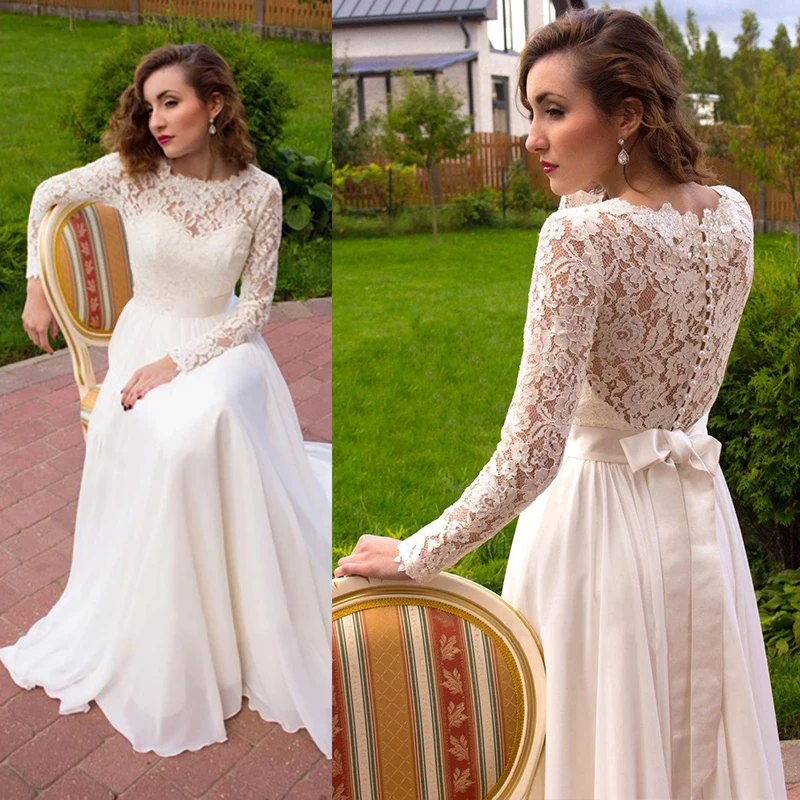 

Женское кружевное свадебное платье принцессы, романтичное ТРАПЕЦИЕВИДНОЕ шифоновое платье с длинными рукавами и глубоким вырезом, платье невесты с закрытой спиной, 2021