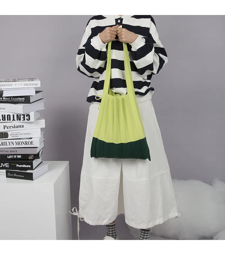 Wool knitting Pleated Bags Patchwork Drawstring Shopping Bags Girls Causal Large Shoulder Bag Korean Japanese Chic Small Handbag