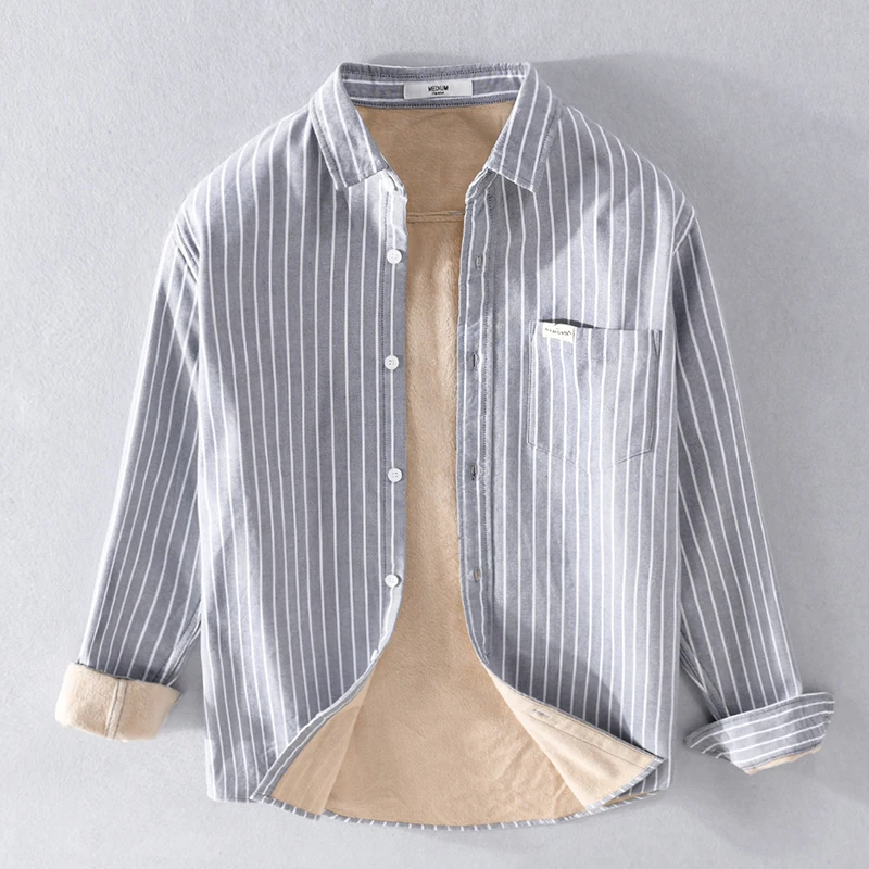 

New Arrival Long Sleeve Casual Stripe Gray Shirts Men Brand Trend Thick Velvet Warm Shirt for Men ropa hombre chemise homme