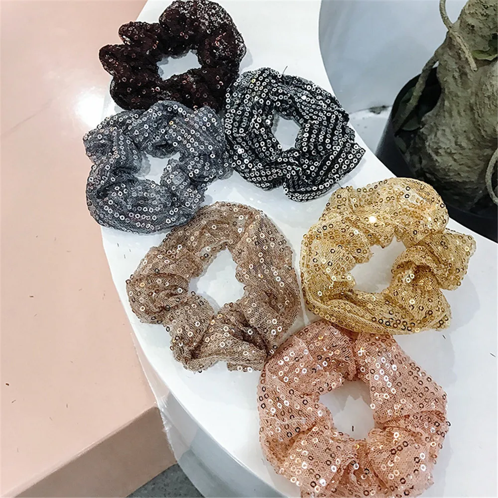 

1 pcs Hand-knitted two-piece Fabric Hair Ring Silver-gray Temperament Large Shinning Hair Ring Women Girls Elastic Hair Rubber B