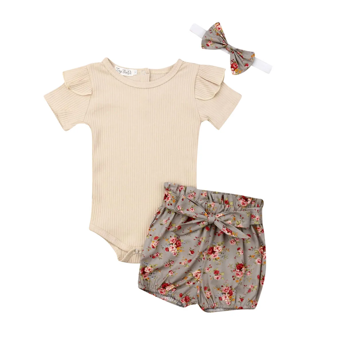 Newborn Infant Baby Girl Clothes Short Sleeve Blank Soild Romper Tops+ Floral Shorts Clothes Outfit Jumpsuit Clothes - Color: Beige