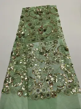 

Fashion new 5 yards embroidered sequence Nigerian sequins green African french mesh tulle lace fabric FR812