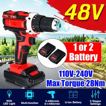 

48V 25+3 Torque 2-Speed Electric Screwdriver Cordless Drill Rechargeable Impact Drill Power Driver+1/2pcs DC Lithium-Ion Battery