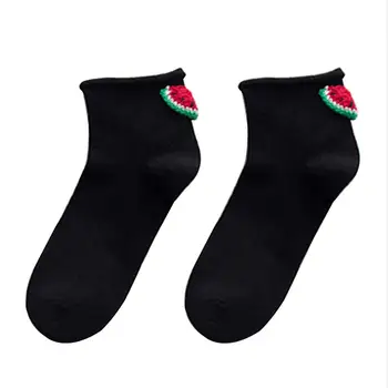 

1 Pair Women Cotton Socks Breathable Kawaii Cherry Watermelon Lovely Ankle Socks Elastic Curling Edge Tube Socks Hosiery