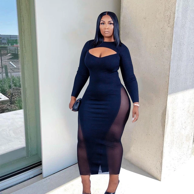 Long Sleeve Bodycon Dress: Plus Size Mesh Patchwork Sexy Black Dress   Freezy World Online Store