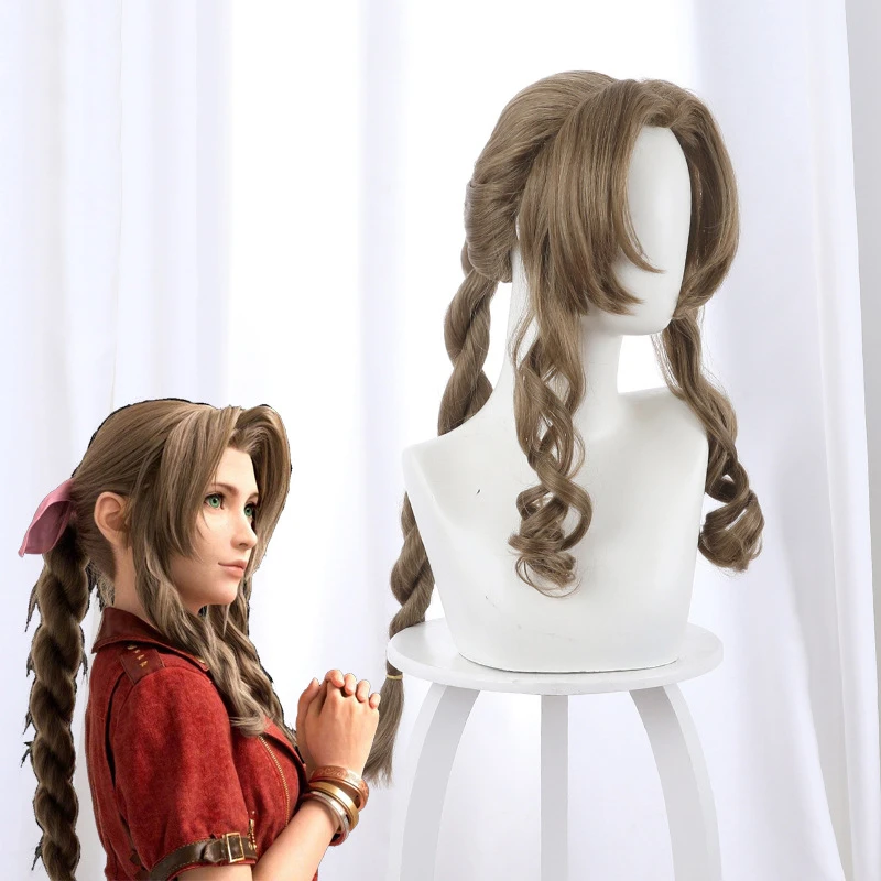 

Game Final Fantasy VII Aerith Gainsborough Cosplay Wig Girl Hairpiece 80 cm Pigtail Women Wavy Curly Bangs Hair Periwig