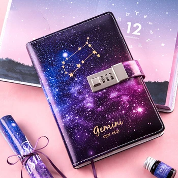 

B6 Portable Agenda Planner Leather Cover Birthday Gift Diary Note Book Student Office Stationery With Lock Twelve Constellations