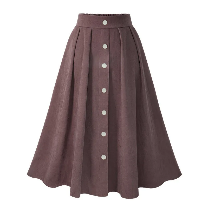 Button women midi skirt new vintage a line high waist pleated skirt fashion retro solid spring summer ladies skirt 2020 CDR1665 (1)