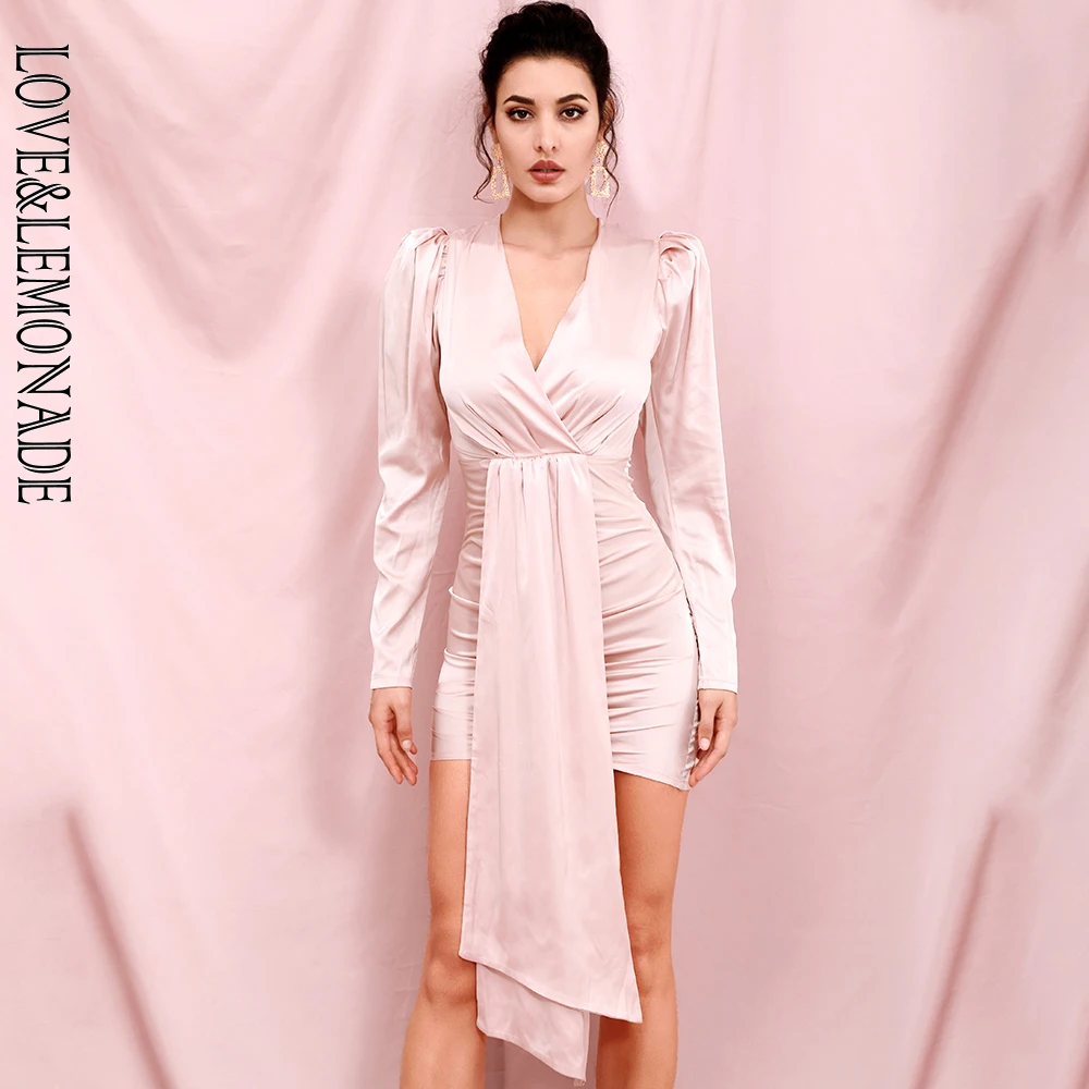 Женское платье мини LOVE &amp LEMONADE розовое с V-образным вырезом и длинным рукавом