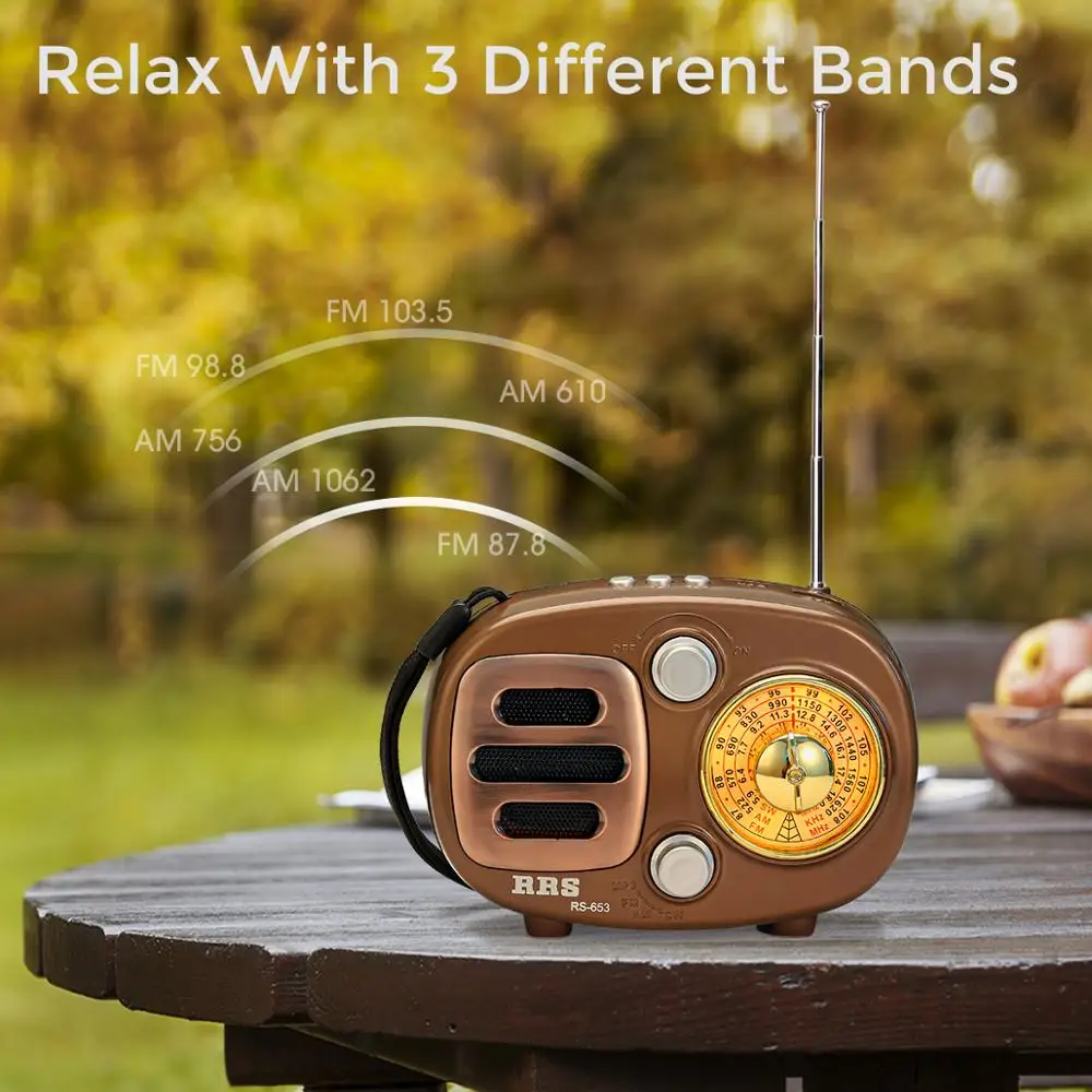 Портативное ретро радио PRUNUS Bluetooth колонка AM и FM с перезаряжаемой батареей