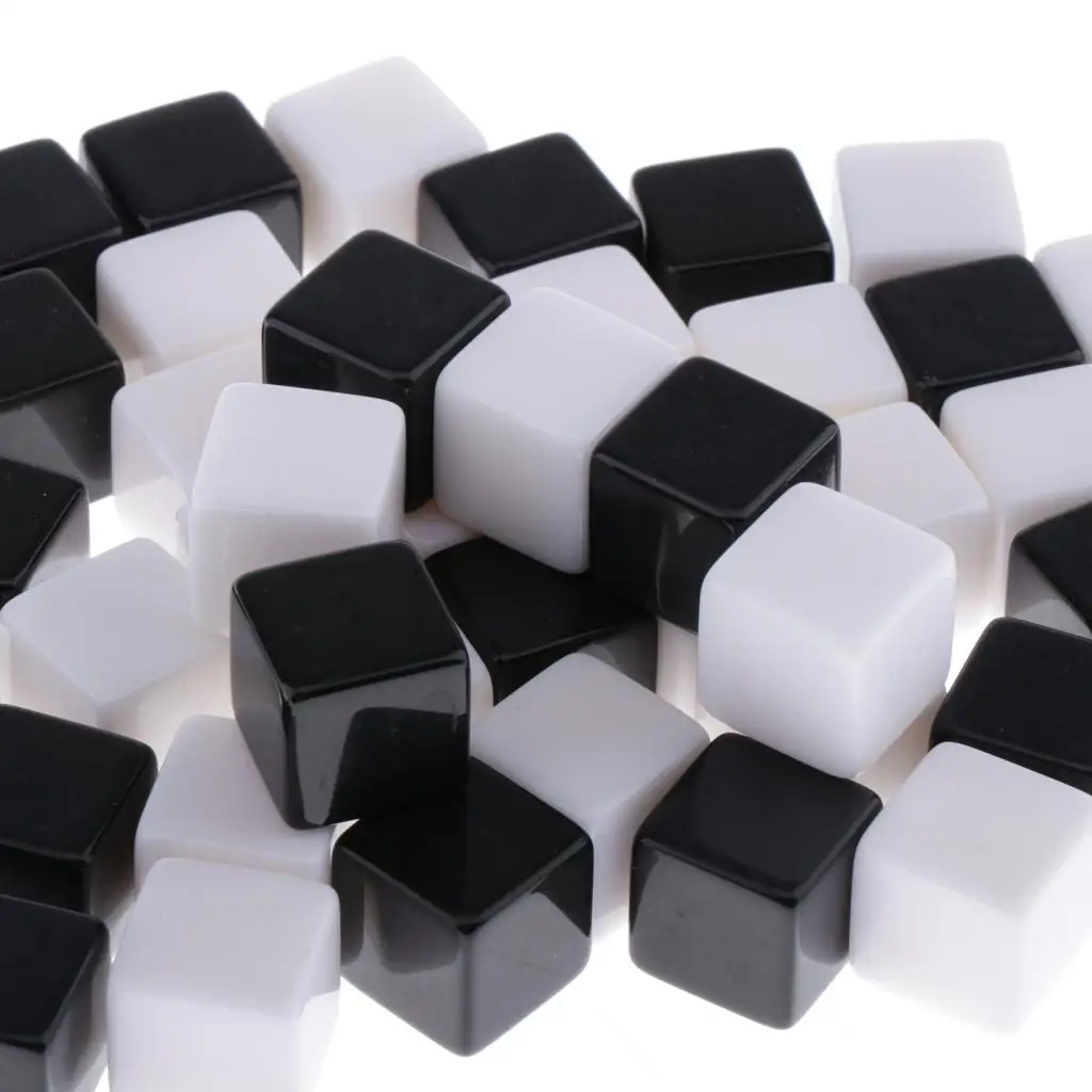 50pcs 16mm Blank 6 Sided Dice for Wargames, Casualty Markers - White Black