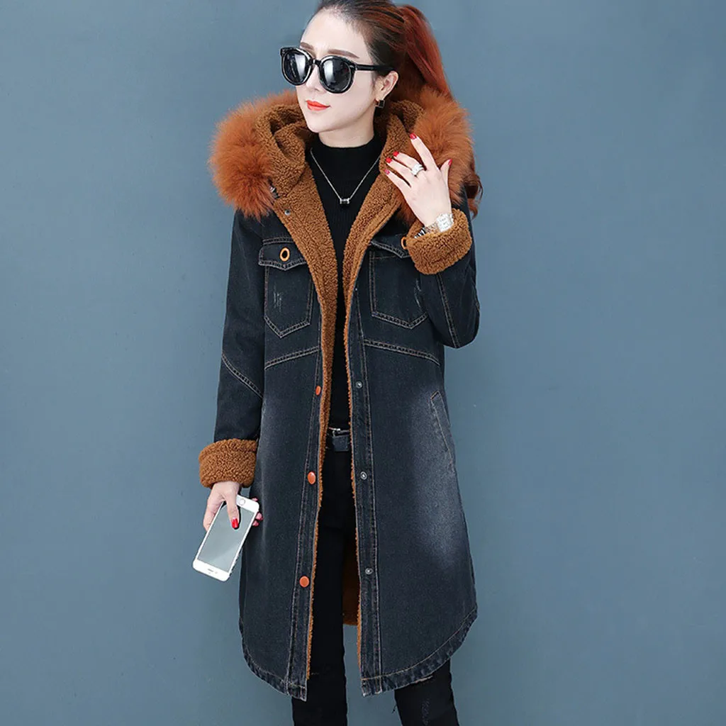 KANCOOLD пальто, зимняя теплая Женская пушистая джинсовая куртка с капюшоном, длинная верхняя одежда, пальто с длинным рукавом, пальто и куртки для женщин 2019AUG30 - Цвет: Черный