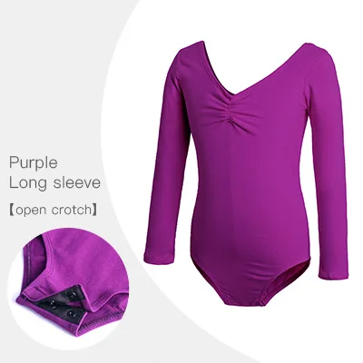 purple long sleeve Детский гимнастический купальник для балета, танцев для девочки хлопкового материала на основе спандекса, выполнено в цветовой гамме с открытой спиной короткий рукав одежда для балета Одежда для танцев Костюмы L-6XL - Цвет: purple long sleeve