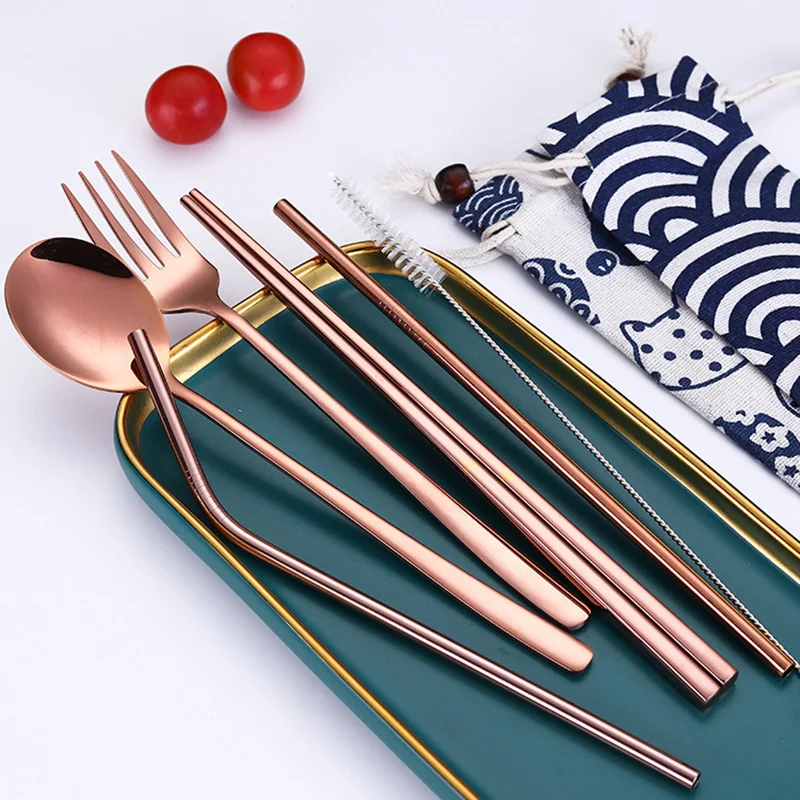 Stainless Steel Cutlery Set Five-piece Suit Linen Bag Tableware Travel Outdoor Office Picnic Barbecue D6