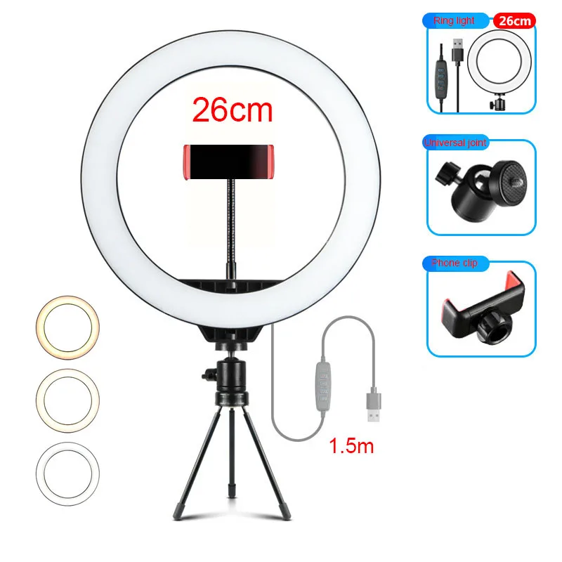 26cm 1 phone Clip 26 см 10 дюймов USB зарядка Selfie кольцевой Свет Вспышка светодиодная камера телефон фото повышение фотография для смартфона студия VK - Цвет: 26cm 1 phone Clip