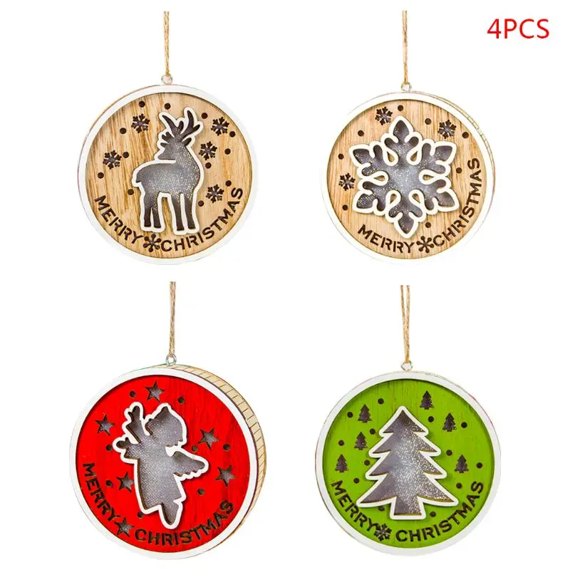 

4pcs/set Wooden Snowflake Deer LED Light Merry Christmas Tree Hanging Ornaments Holiday Decoration