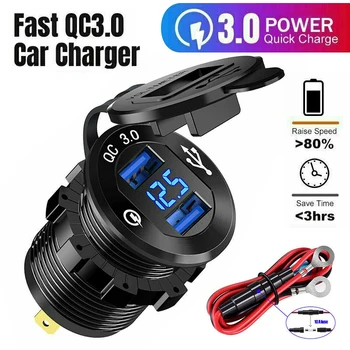 12v-24v車のシガーライター自動車スプリッタソケットデュアルusbクイック車の充電器qc 3.0高速充電とスイッチ電圧表示
