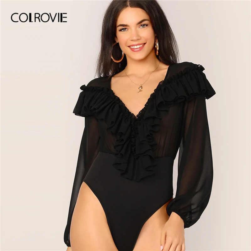 

COLROVIE Black Ruffle V-neck Bishop Sleeve Semi Sheer Bodysuit Women High Waist Solid Bodysuit 2019 Summer Sexy Skinny Bodysuits