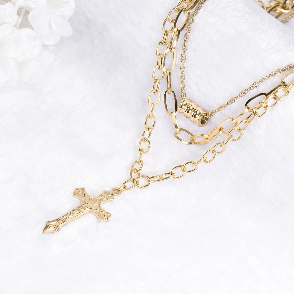 SDA  Hiphop Punk  Rock Jewelry Gold Color Stainless Steel Long Chains Set  Jesus Cross Pendants