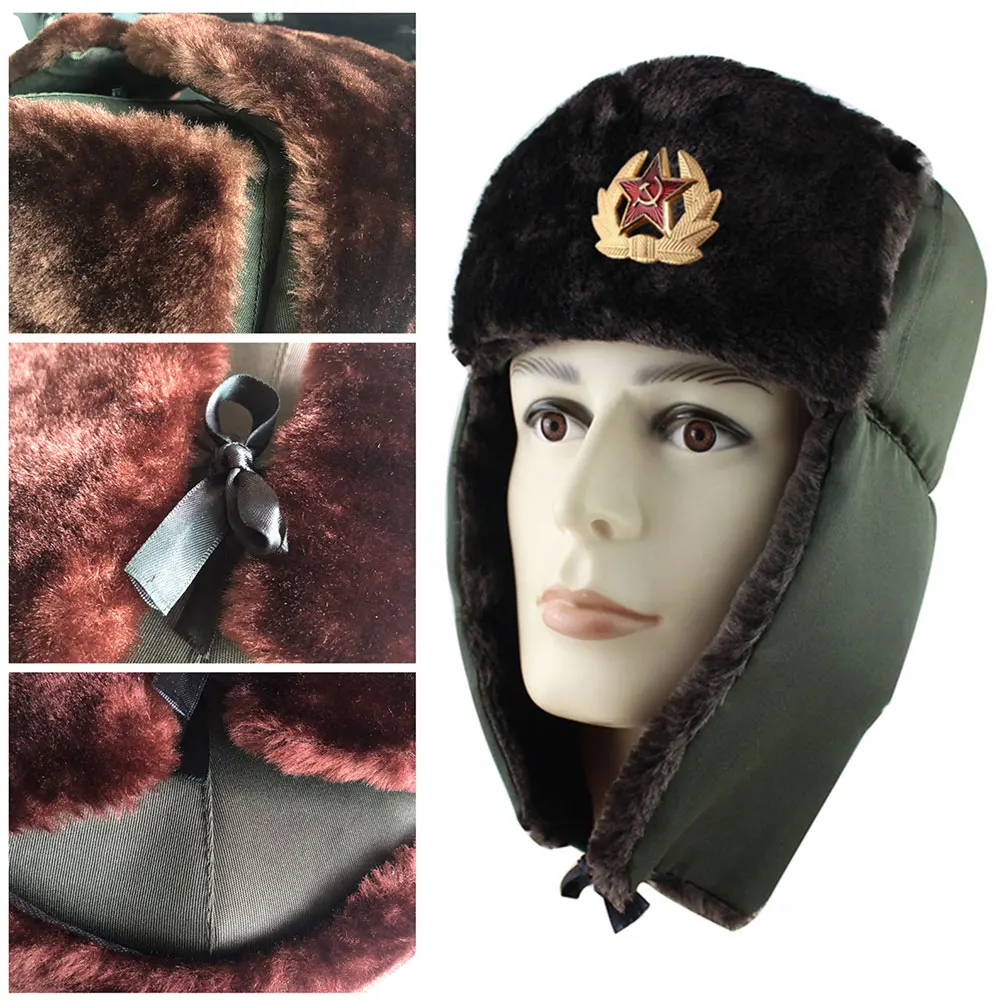 Советская армия, военный значок, Россия, шапки-бомберы, Авиатор, шапка авиатора, зимняя, искусственный мех кролика, шапка-ушанка, шапка для снежной погоды