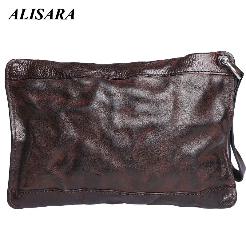 Alisara, мужские длинные кошельки, воловья кожа, Ретро стиль, ручная работа, мужской клатч, кошелек на молнии, Ретро стиль, телефон, кошелек для кредитных карт