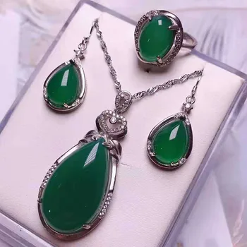 

S925 silver inlaid agate jade silver pendant Ring Earring Set