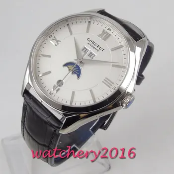 

40mm Corgeut white Dial Moon Phase Date Month Automatic Movement men's Watch