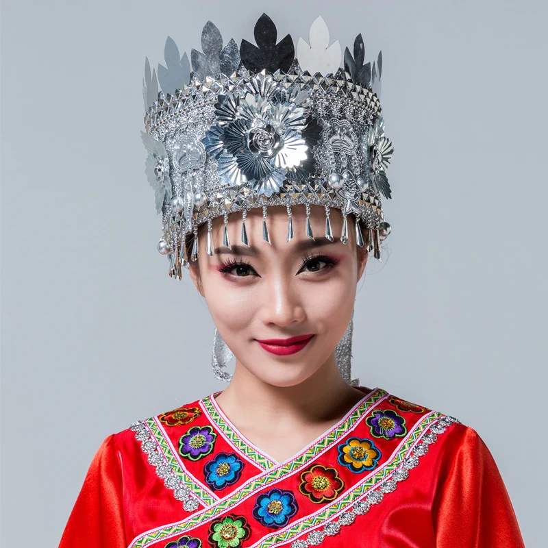 Головной убор Miao для взрослых hmong, серебряная шляпа, костюм для китайского традиционного танца, аксессуары, головной убор для танцев miao - Цвет: White