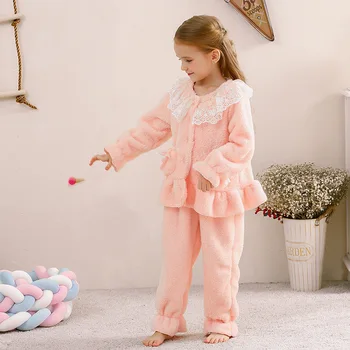 

Autumn And Winter Children's Pajamas Set Girls' New Pink Thickened Coral Velvet Lace Princess Flannel Parent-Child Home Clothes