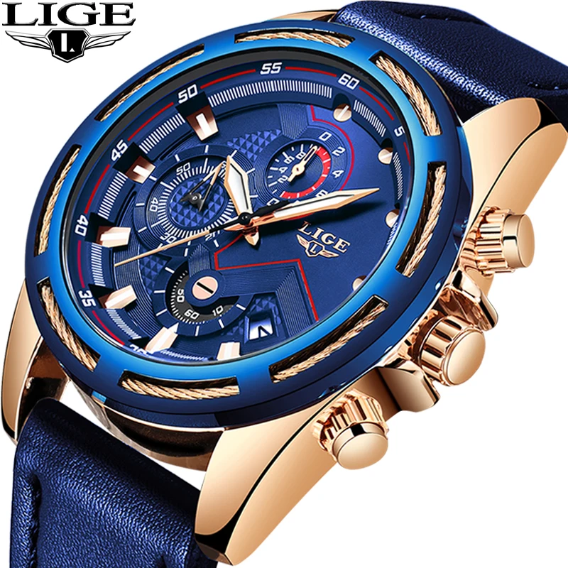 

New Mens Watches LIGE Unique Fashion Design Dial Quartz Wristwatch Leather Strap Watch Display Date and Week Clock Blue Relo+Box