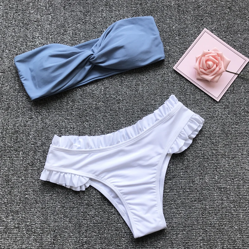 

2020 Bandeau Women Swimwear Ruffle Solid Two-piece Bikini Set Female Swimsuit Swimming Suit Beach Wear Girl Bikinis Mujer