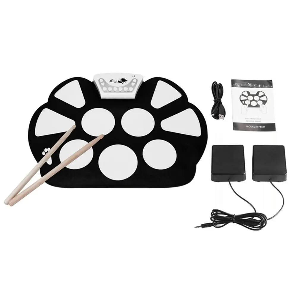 W758S Portable 9 Pads Digital USB Roll up Foldable Silicone Electronic Drum Pad Kit With Drum Sticks Foot Pedals drop shipping